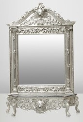 Casa Padrino Luxus Barock Spiegelkonsole Silber Lion - Prunkvolle Konsole mit Spiegel und Löwenkopf aus Massivholz - 185 x 275 x 45 cm