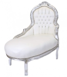 Casa Padrino Barock Kinder Chaiselongue Weiß Lederoptik Silber, Höhe 93 cm, Breite 101 cm, Tiefe 51 cm - Barock Möbel