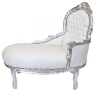 Casa Padrino Baroque Children's Chaise Longue White Leather Look / Silver, Height 93 cm, Width 101 cm, Depth 51 cm - Baroque Furniture