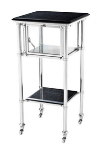 Casa Padrino Desserte de Bar de Luxe en Acier Inoxydable avec Compartiment en Verre et Plateaux en Granit - Chrome / Noir - 39 x 39 x H. 80 cm Casa Padrino Desserte de Bar de Luxe en Acier Inoxydable avec Compartiment en Verre et Plateaux en Granit - Chrome / Noir - 39 x 39 x H. 80 cm