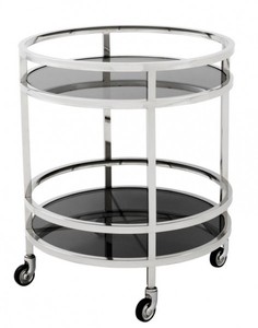 Casa Padrino Desserte de Bar de Luxe Ronde Acier Inoxydable Nickelé / Verre Noir - 60 x 69 cm Casa Padrino Desserte de Bar de Luxe Ronde Acier Inoxydable Nickelé / Verre Noir - 60 x 69 cm
