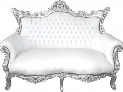 Casa Padrino Barock 2-er Sofa Master Weiß Lederoptik / Silber, 168 x 128 x 70 cm - Luxus Antik Stil Möbel Casa Padrino Barock 2-er Sofa Master Weiß Lederoptik / Silber, 168 x 128 x 70 cm - Luxus Antik Stil Möbel