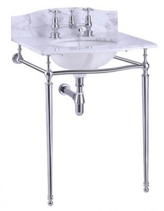 Casa Padrino Lavabo sur pied Art Nouveau Luxe Blanc / Chrome avec plateau en marbre L 65cm avec dosseret Casa Padrino Lavabo sur pied Art Nouveau Luxe Blanc / Chrome avec plateau en marbre L 65cm avec dosseret