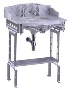 Casa Padrino Luxus Jugendstil Stand Waschtisch Weiß / Aluminium mit Marmorplatte mit Spritzschutz hinten, seitlich und Ablage Barock Waschbecken Barockstil Antik Stil