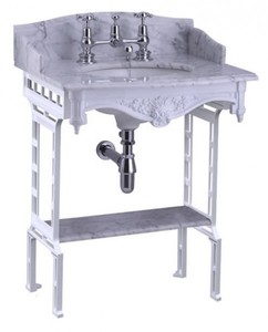 Casa Padrino Luxus Jugendstil Stand Waschtisch Weiß / Weiß, 650 x 575 x 957 mm, Marmorplatte, gebürstetes Aluminium