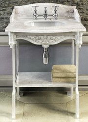 Casa Padrino Luxury Art Nouveau Pedestal Washbasin White / White, 650 x 575 x 957 mm, Marble Top, Brushed Aluminum