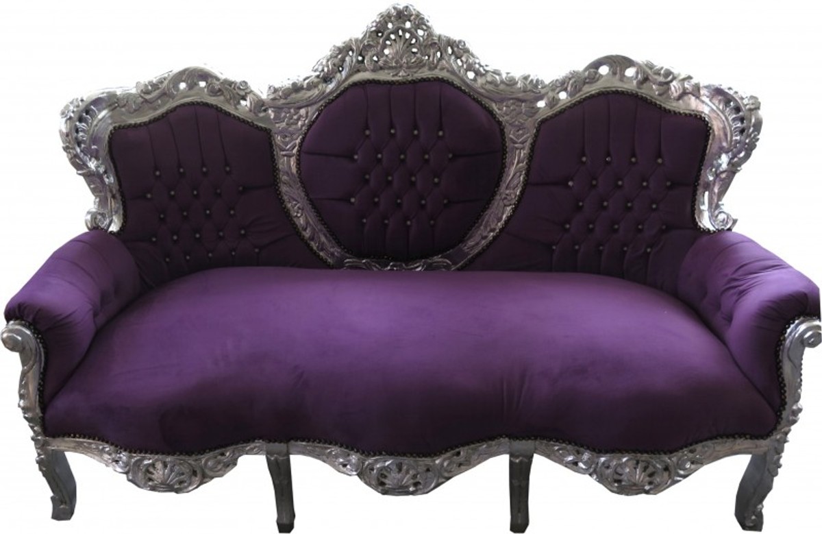 Casa Padrino Baroque 3p Sofa King Purple / Silver With Bling Bling rhinestones - Living Room Couch Furniture Lounge Casa Padrino Baroque 3p Sofa King Purple / Silver With Bling Bling rhinestones - Living Room Couch Furniture Lounge