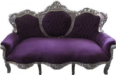 Casa Padrino Barock 3er Sofa King Lila / Silber mit Bling Bling Glitzersteinen - Breite 180 cm - Luxus Wohnzimmer Couch Casa Padrino Barock 3er Sofa King Lila / Silber mit Bling Bling Glitzersteinen - Breite 180 cm - Luxus Wohnzimmer Couch