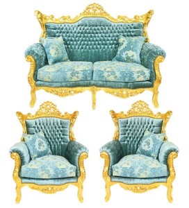 Casa Padrino Ensemble de salon baroque Master motif bleu turquoise velours / or - canapé 2 places + 2 fauteuils Casa Padrino Ensemble de salon baroque Master motif bleu turquoise velours / or - canapé 2 places + 2 fauteuils