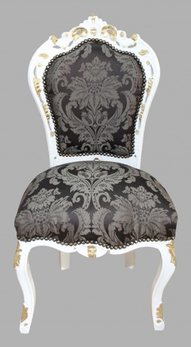 Casa Padrino Baroque Dinner Chair Black Pattern / White Gold - Antique Furniture Casa Padrino Baroque Dinner Chair Black Pattern / White Gold - Antique Furniture