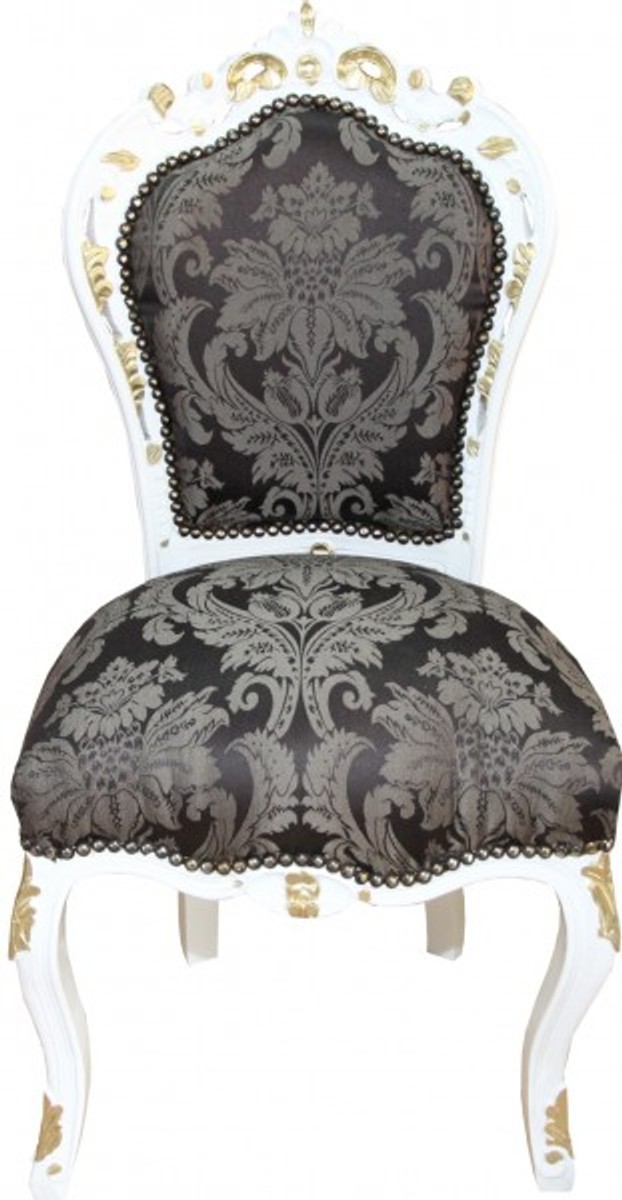 Casa Padrino Baroque Dinner Chair Black Pattern / White Gold - Antique Furniture Casa Padrino Baroque Dinner Chair Black Pattern / White Gold - Antique Furniture