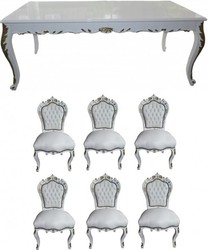 Casa Padrino Conjunto de comedor barroco Blanco / Blanco / Oro - Mesa (200x98x84 cm) + 6 sillas - Muebles estilo antiguo Casa Padrino Conjunto de comedor barroco Blanco / Blanco / Oro - Mesa (200x98x84 cm) + 6 sillas - Muebles estilo antiguo