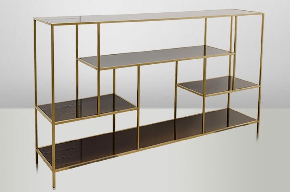 Casa Padrino Art Deco Luxus Regal Schrank Edelstahl Gold mit getönten Glasböden H108 x 190 x 40 cm - Bücherregal Regal Schrank - Jugendstil Möbel Casa Padrino Art Deco Luxus Regal Schrank Edelstahl Gold mit getönten Glasböden H108 x 190 x 40 cm - Bücherregal Regal Schrank - Jugendstil Möbel