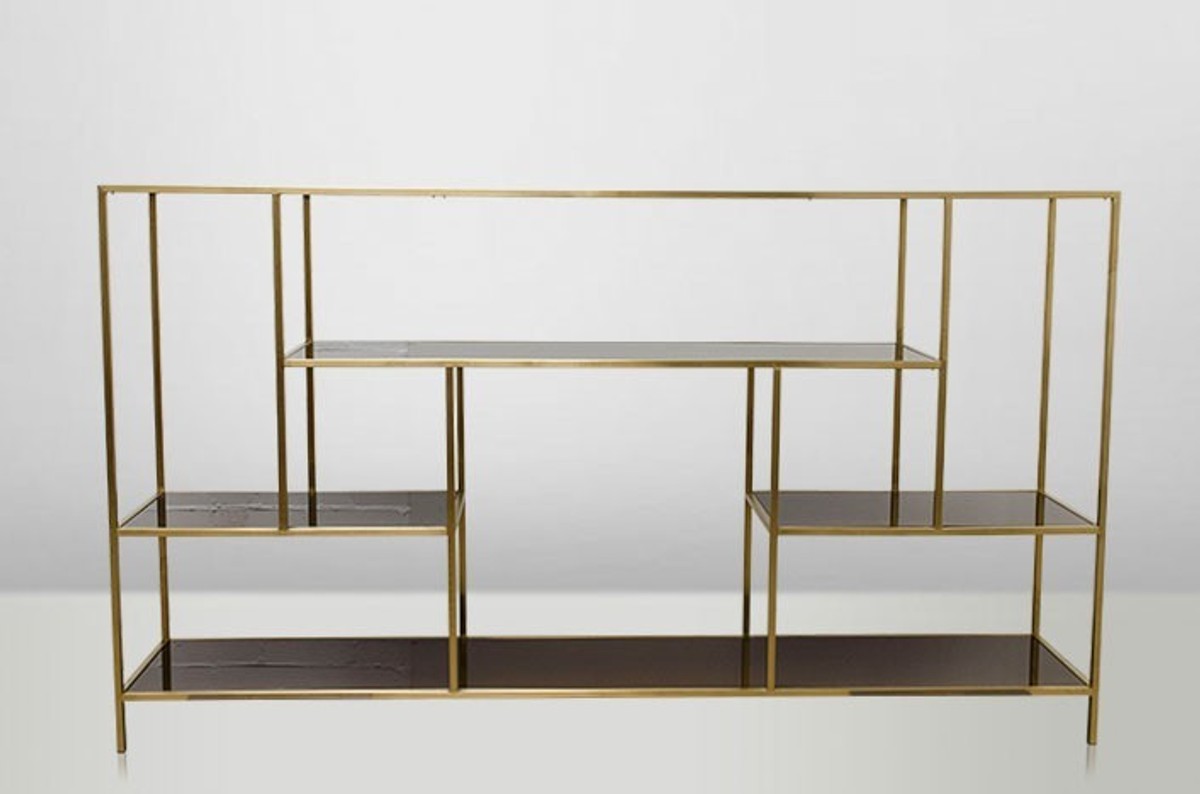 Casa Padrino Art Deco Luxus Regal Schrank Edelstahl Gold mit getönten Glasböden H108 x 190 x 40 cm - Bücherregal Regal Schrank - Jugendstil Möbel Casa Padrino Art Deco Luxus Regal Schrank Edelstahl Gold mit getönten Glasböden H108 x 190 x 40 cm - Bücherregal Regal Schrank - Jugendstil Möbel