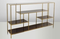 Casa Padrino Scaffale di lusso Art Déco in acciaio inossidabile oro con ripiani in vetro fumé H108 x 190 x 40 cm Casa Padrino Scaffale di lusso Art Déco in acciaio inossidabile oro con ripiani in vetro fumé H108 x 190 x 40 cm