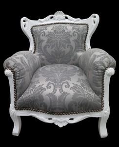 Casa Padrino Barock Kinder Sessel in Grau mit Barock Muster und Weiss - 84 cm x 58 cm