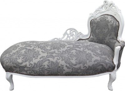 Casa Padrino Baroque Chaise Longue with Grey Pattern and White Frame, 155 x 70 x 100 cm, Handcrafted Casa Padrino Baroque Chaise Longue with Grey Pattern and White Frame, 155 x 70 x 100 cm, Handcrafted