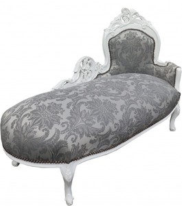 Casa Padrino Barock Chaiselongue mit grauem Muster und weißem Rahmen, 155 x 70 x 100 cm, handgefertigt