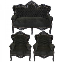 Casa Padrino Baroque Living Room Set King Black / Black - 2-Seater Sofa + 160 cm & 2 Armchairs + 85 cm