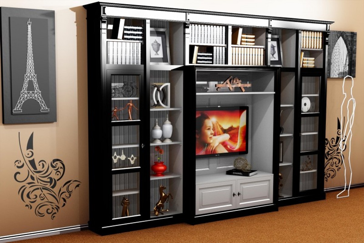 Casa Padrino luxury living room wall unit Black / White B 372 x H 255 cm bookcase shelving cabinet television TV - Art Deco Art Nouveau hotel furniture Casa Padrino luxury living room wall unit Black / White B 372 x H 255 cm bookcase shelving cabinet television TV - Art Deco Art Nouveau hotel furniture