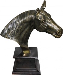 Casa Padrino Luxus Pferd Statue auf Holzsockel Antik Gold Braun H 39 cm - Dekorative Tierskulptur aus Aluminium Casa Padrino Luxus Pferd Statue auf Holzsockel Antik Gold Braun H 39 cm - Dekorative Tierskulptur aus Aluminium