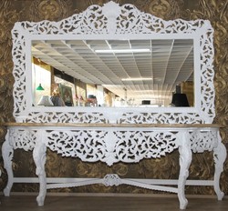 Casa Padrino Console Miroir Baroque Blanche avec Plateau en Marbre Crème - Meuble de Luxe Salon Console 285 cm avec Miroir 270 cm Casa Padrino Console Miroir Baroque Blanche avec Plateau en Marbre Crème - Meuble de Luxe Salon Console 285 cm avec Miroir 270 cm