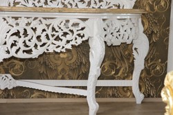 Casa Padrino Console Miroir Baroque Blanche avec Plateau en Marbre Crème - Meuble de Luxe Salon Console 285 cm avec Miroir 270 cm