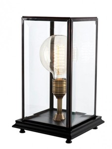 Casa Padrino Luxus Tischleuchte Schwarz - Edle Designer Lampe aus MDF, Glas und Messing - 22,5 x 22,5 x H. 37 cm