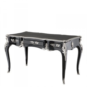 Casa Padrino Escritorio Barroco de Lujo Negro Brillante con Aplicaciones de Plata - 140 x 80 x 81 cm