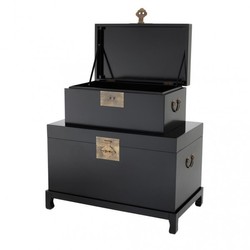 Casa Padrino Truhen Set 2-tlg. Schwarz mit Messing Applikationen im Vintage Look - 82 x 48 x H. 52 cm & 63 x 37 x H. 28 cm