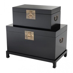 Casa Padrino Truhen Set 2-tlg. Schwarz mit Messing Applikationen im Vintage Look - 82 x 48 x H. 52 cm & 63 x 37 x H. 28 cm