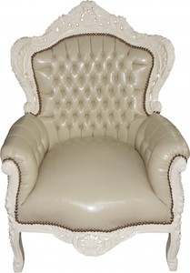 Casa Padrino Sillón Barroco King Estilo Antiguo, Crema/Crema Piel Sintética, Madera Maciza, 120 x 85 x 85 cm Casa Padrino Sillón Barroco King Estilo Antiguo, Crema/Crema Piel Sintética, Madera Maciza, 120 x 85 x 85 cm