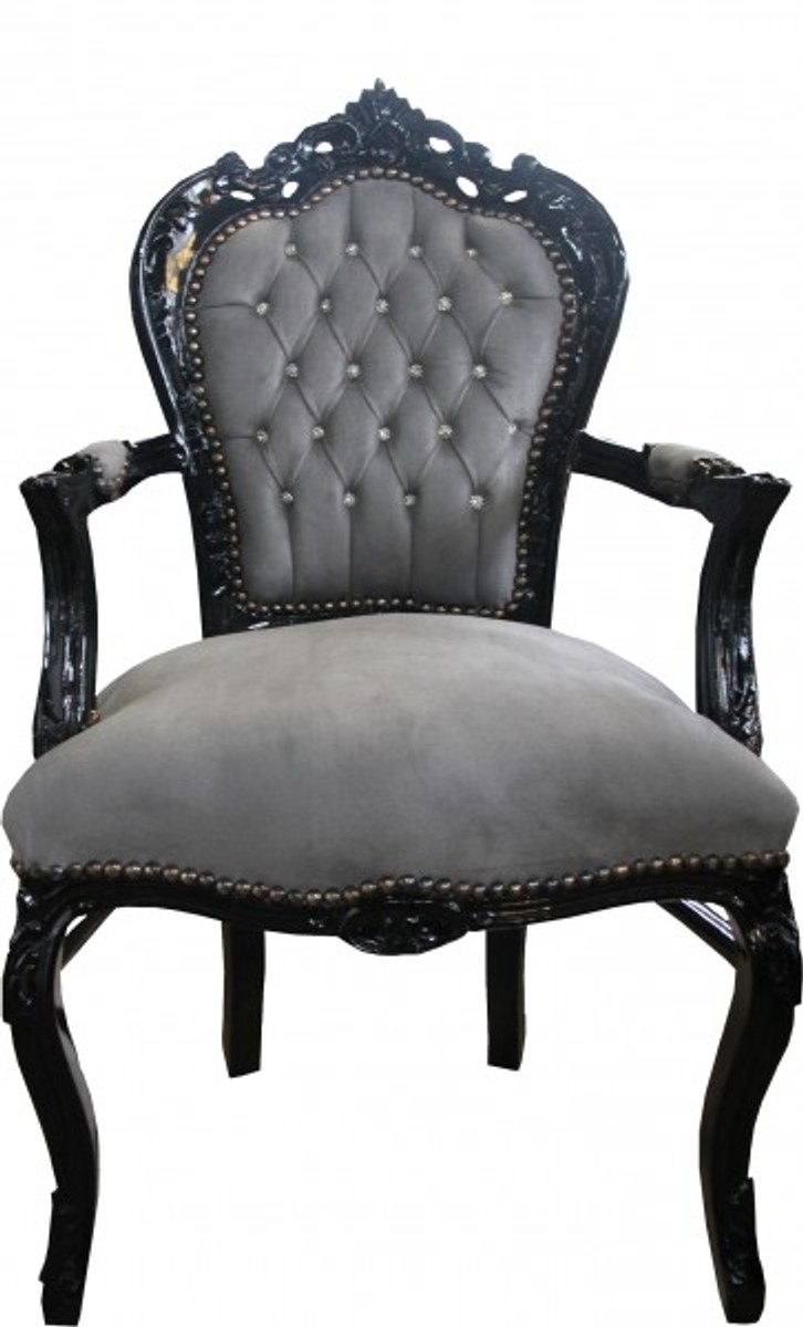 Casa Padrino Barocco Cena sedia grigio / nero con braccioli e Bling Bling Bling Stones - Limited Edition Casa Padrino Barocco Cena sedia grigio / nero con braccioli e Bling Bling Bling Stones - Limited Edition