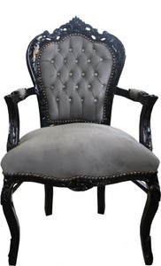 Casa Padrino Barock Esszimmer Stuhl Grau / Schwarz mit Armlehnen und Bling Bling Glitzersteinen - Limited Edition