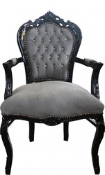 Casa Padrino Barock Esszimmer Stuhl Grau / Schwarz mit Armlehnen und Bling Bling Glitzersteinen - Limited Edition Casa Padrino Barock Esszimmer Stuhl Grau / Schwarz mit Armlehnen und Bling Bling Glitzersteinen - Limited Edition