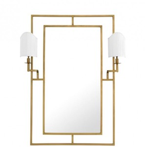 Casa Padrino Luxus Designer Wandspiegel Messing mit zwei Lampenhaltern, 113 x H 140 cm