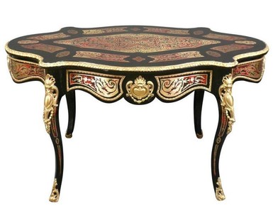 Casa Padrino Scrivania Barocca Boulle Ovale - Fatta a mano in legno massello in Nero, Oro e Rosso - Larghezza 150 cm