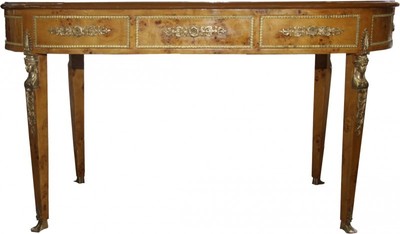 Casa Padrino Luxus Barock Empire Schreibtisch Sekretär mit 3 Schubladen - Vogelaugen Ahorn & Bordeaux Lederoptik - 150 x 77 x 81 cm