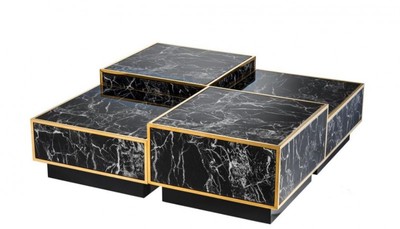 Casa Padrino Art Deco Luxury Coffee Table Set in Black Faux Marble and Gold Finish 4-Piece