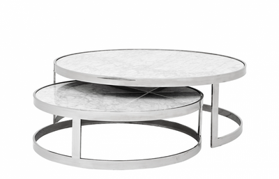 Casa Padrino Luxury Art Deco Designer Coffee Table Set of 2 - Living Room Table in Stainless Steel and White Marble - 100 x H. 35 cm / 80 x H. 25 cm