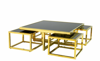 Casa Padrino Luxury Art Deco Designer Coffee Table 5-Piece Set Gold with Black Glass 100 x 100 x H. 40 cm / 48 x 48 x H. 33 cm