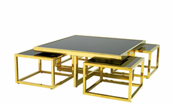 Casa Padrino Tavolino da salotto di lusso Art Deco set da 5 pezzi Oro con vetro nero 100 x 100 x H. 40 cm / 48 x 48 x H. 33 cm