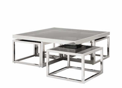 Casa Padrino Luxury Art Deco Designer Coffee Table 5-Piece Set - Smoked Glass - Polished Stainless Steel - 100 x 100 x H. 40 cm / 48 x 48 x H. 33 cm
