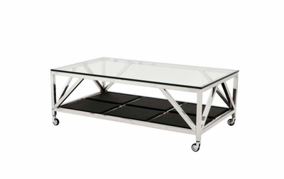 Casa Padrino Luxury Art Deco Designer Coffee Table - 140 x 80 x H. 50 cm - Living Room Table in Polished Stainless Steel and Black Leather Look