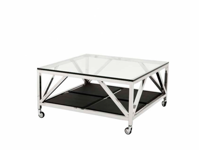 Casa Padrino Luxury Art Deco Designer Coffee Table - Square Living Room Table in Polished Stainless Steel and Black Leather Look, 100 x 100 x H. 50 cm