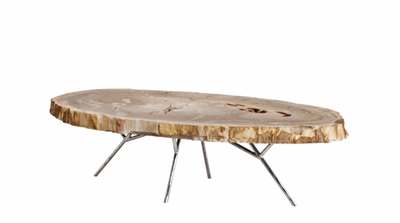 Casa Padrino Tavolino da salotto di lusso design Art Déco in legno pietrificato - Tavolo acciaio inox lucido - 110-120 x 65-85 x H. 35 cm