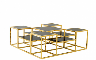 Casa Padrino Tavolino da Salotto di Lusso Art Déco Oro con Vetro Nero - 120 x 120 x H. 42 cm