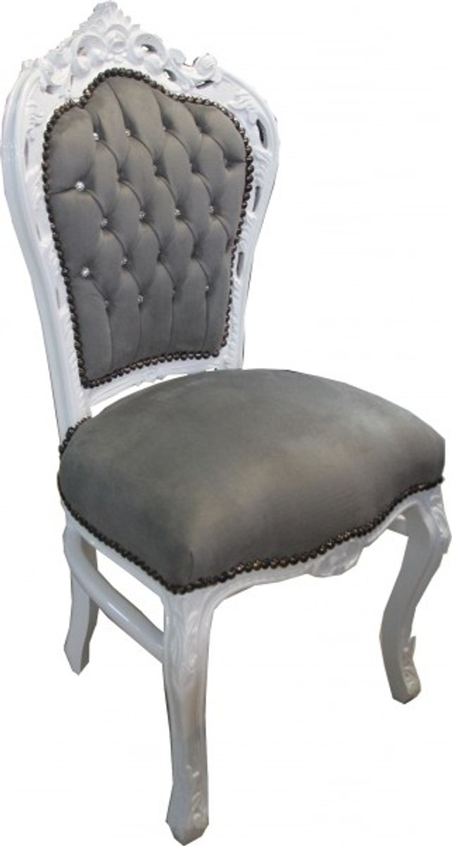 Casa Padrino Barock Esszimmer Stuhl Grau Weiß mit Bling Bling Glitzersteinen Luxury Luxus Baroque Antique Style Rhinestones Grey White Interior Furniture Möbel Casa Padrino Barock Esszimmer Stuhl Grau Weiß mit Bling Bling Glitzersteinen Luxury Luxus Baroque Antique Style Rhinestones Grey White Interior Furniture Möbel