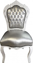 Mirada de cuero Casa Padrino barroco Cena silla de plata / blanco con diamantes de imitación de Bling Bling Mirada de cuero Casa Padrino barroco Cena silla de plata / blanco con diamantes de imitación de Bling Bling