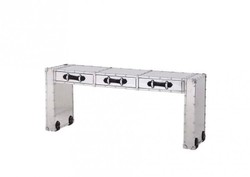 Casa Padrino Luxus Art Deco Konsole 160 x 43 x H. 68 cm aus poliertem Aluminium und schwarzem Leder